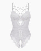 White floral lace harness bodysuit with underwire cups and X-back strappy design