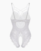 White floral lace harness bodysuit with front lace panel and adjustable leg opening
