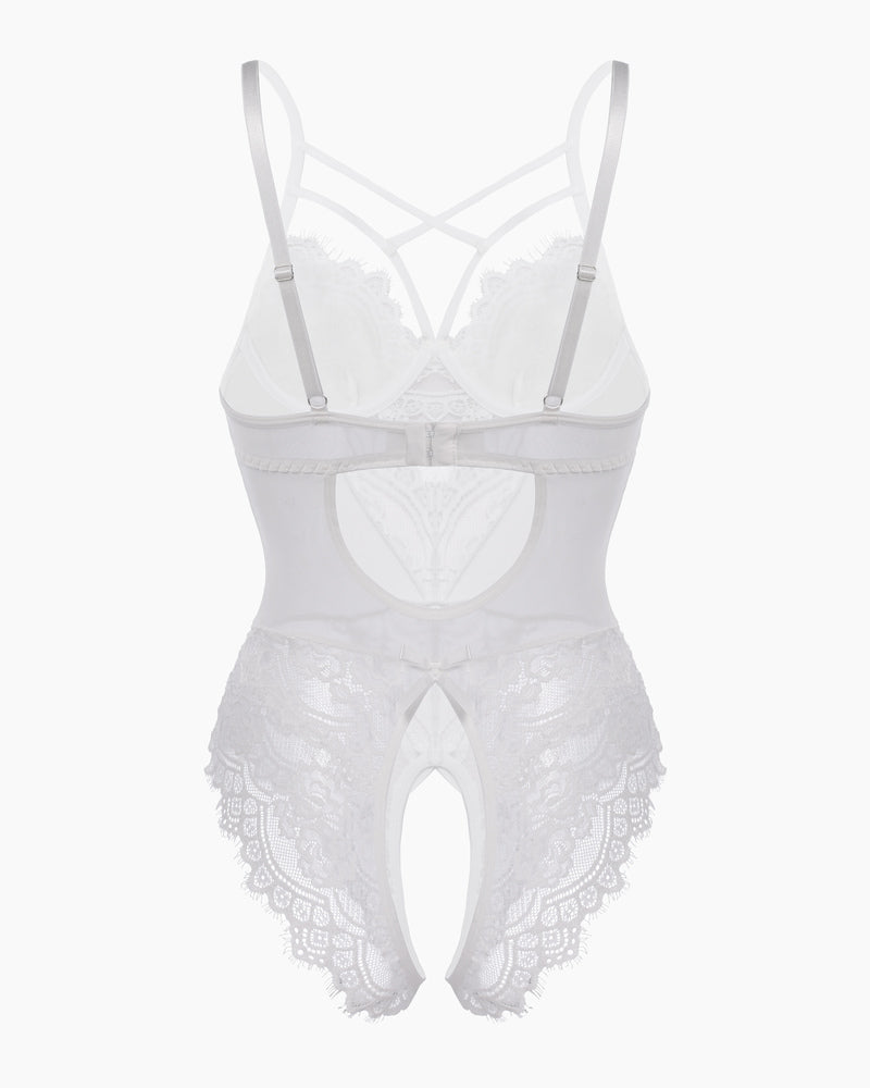 White floral lace harness bodysuit with front lace panel and adjustable leg opening