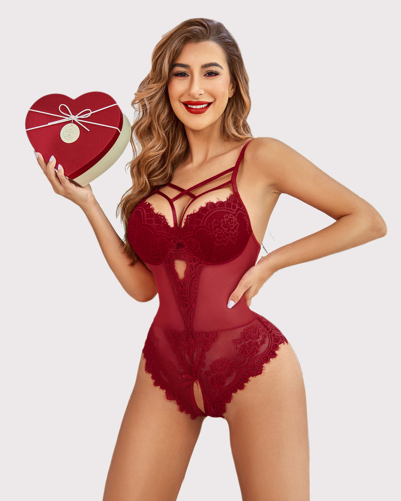 Wine red floral lace harness bodysuit with crisscross straps
