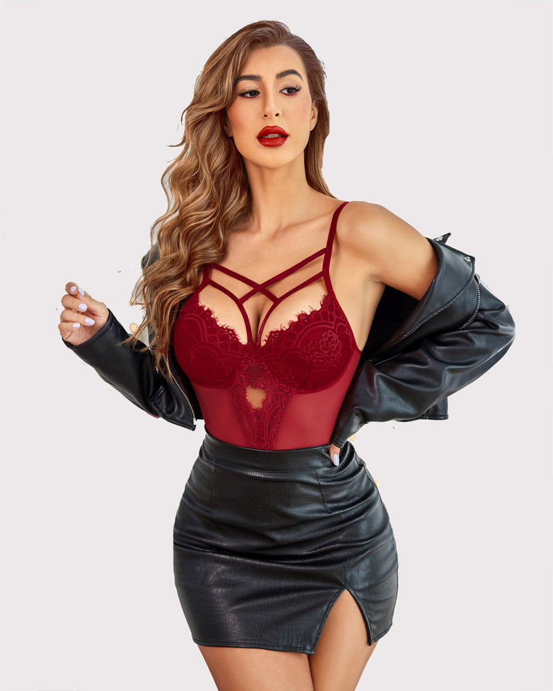 Wine red floral lace harness bodysuit with lace cups and strappy neckline