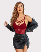 Wine red lace bodysuit with harness straps and matching mini skirt panel