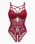 Deep wine red lace bodysuit with strappy underbust and keyhole front cutout