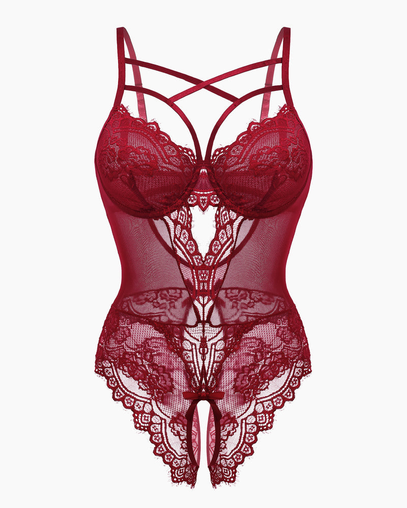 Deep wine red lace bodysuit with strappy underbust and keyhole front cutout