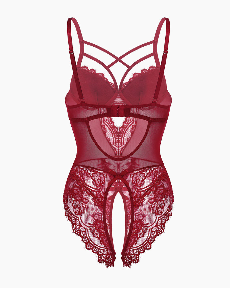 Wine red lace bodysuit front view with crisscross straps and long thigh cutouts