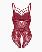 Wine red lace bodysuit front view with crisscross straps and long thigh cutouts