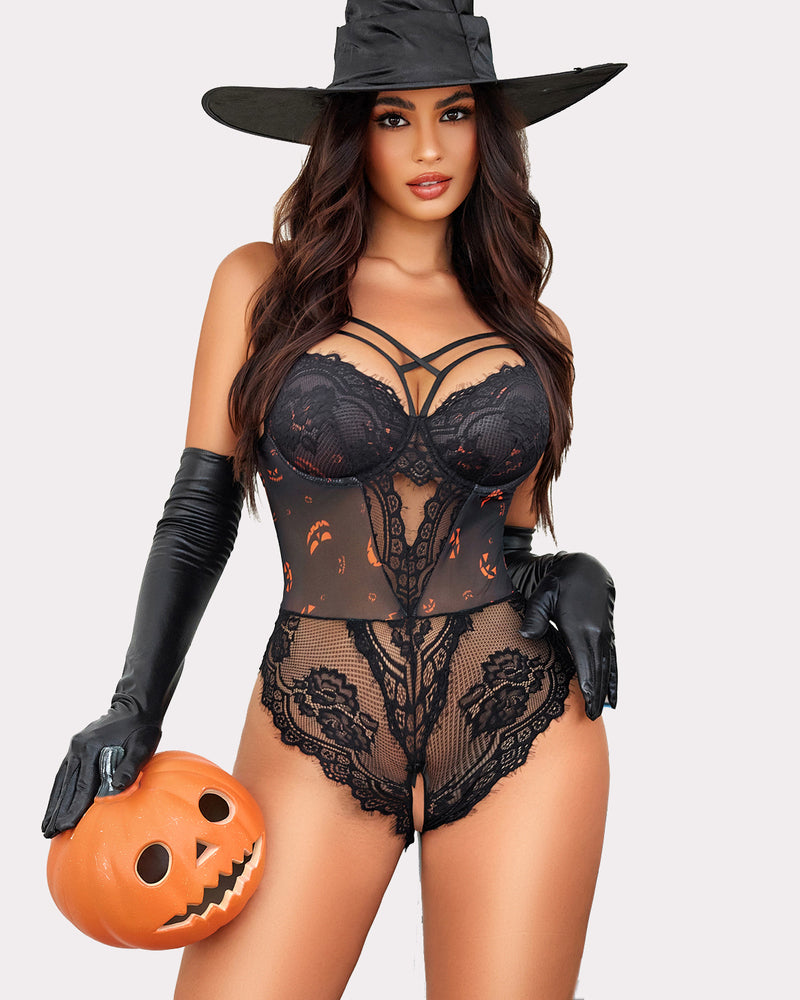 Black floral lace harness bodysuit with sheer mesh and strappy underbust neckline