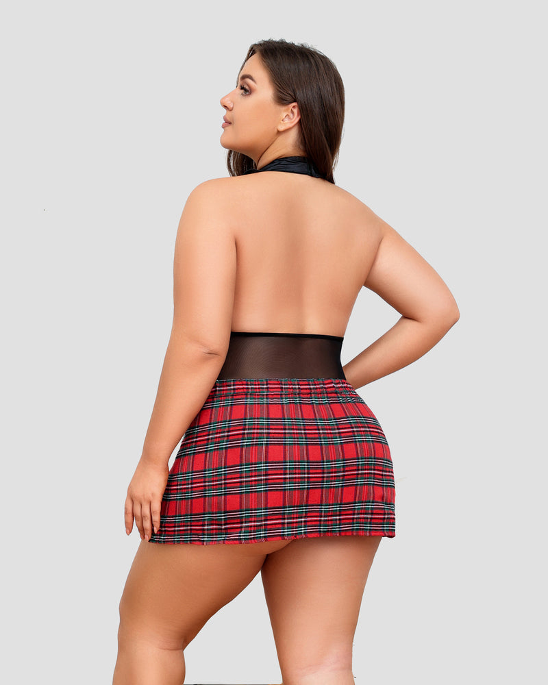 Black halter mesh bodysuit with red plaid skirt, back view