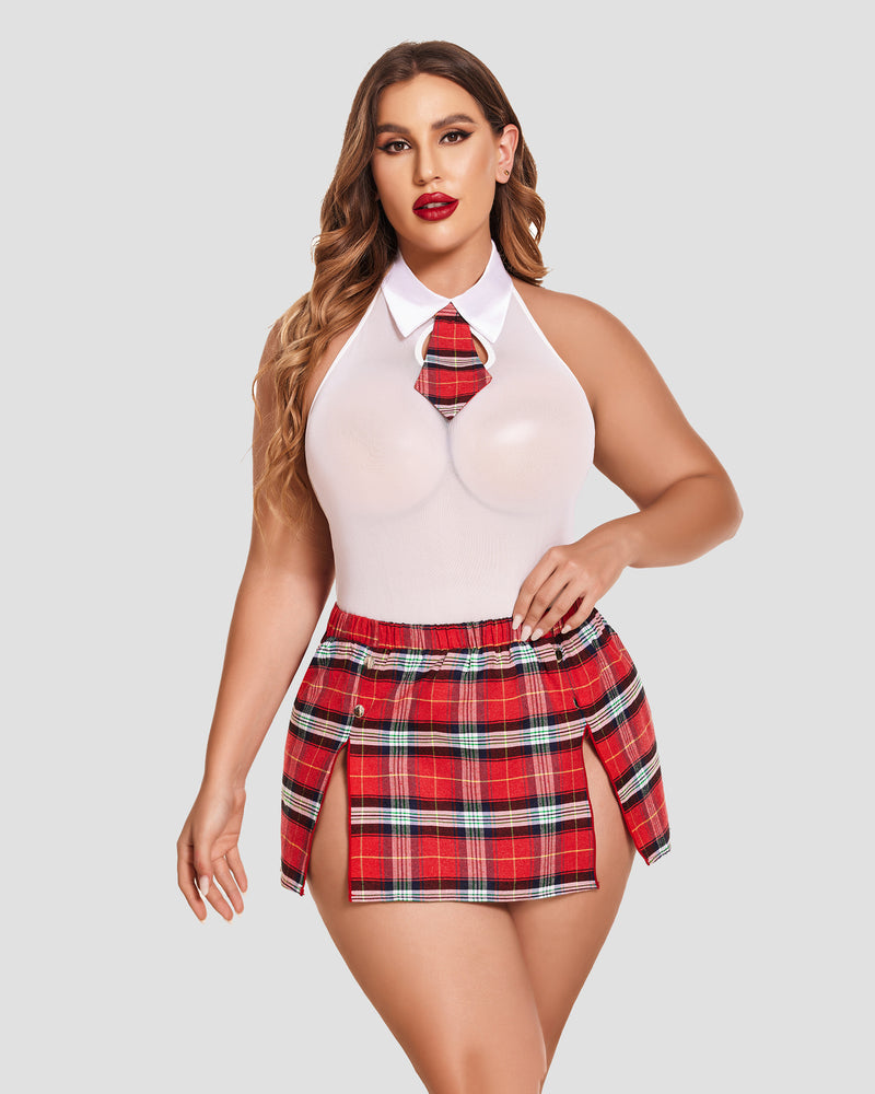 White halter bodysuit with red plaid tie-neck skirt and side slit