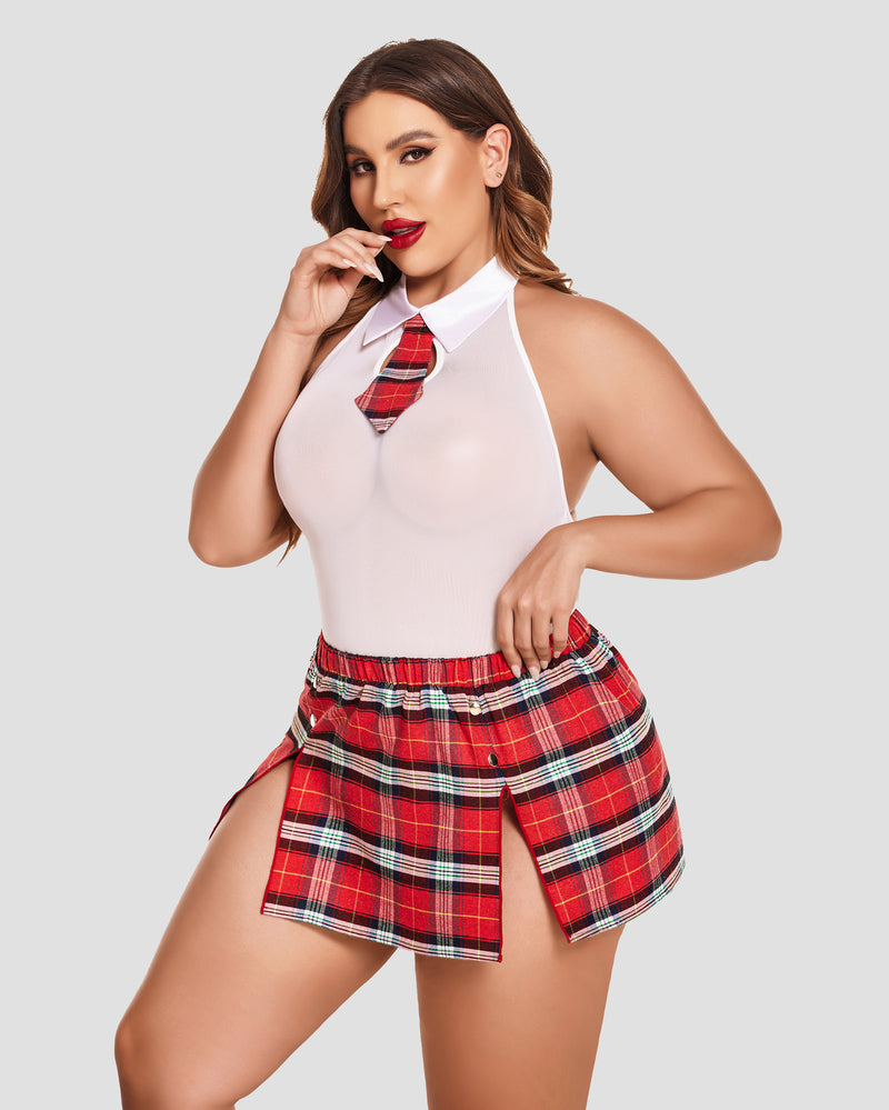White sleeveless halter bodysuit with red plaid skirt and front tie