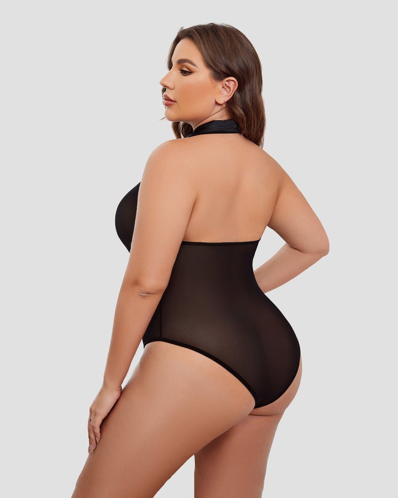 Plus size bodysuit with halter tie, back view in black sheer mesh