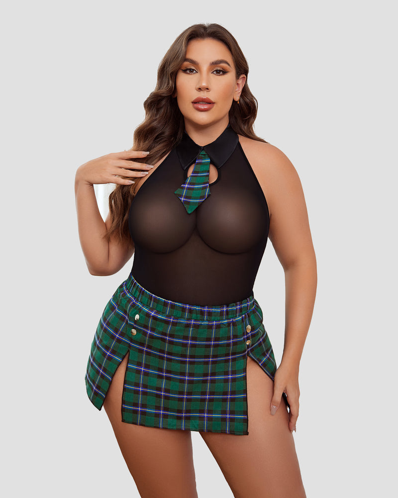 Plus size bodysuit and plaid skirt set with halter tie, black bodysuit and green plaid