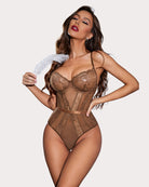 Tan lace underwire one-piece bodysuit with sheer mesh panels