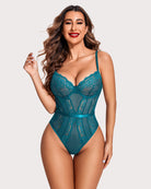 Teal lace one-piece bodysuit with underwire cups and snap crotch; lace-trim straps.