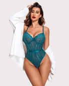 Teal lace underwire snap-crotch bodysuit with sheer mesh and floral lace cups