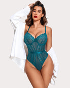 Teal lace underwire one-piece bodysuit with sheer mesh panels