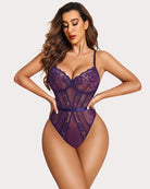 Purple lace underwire one-piece bodysuit with sheer mesh panels
