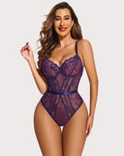 Purple lace underwire snap-crotch bodysuit with sheer mesh and lace racerback straps