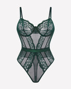 Dark green lace mesh underwire one-piece bodysuit, front view