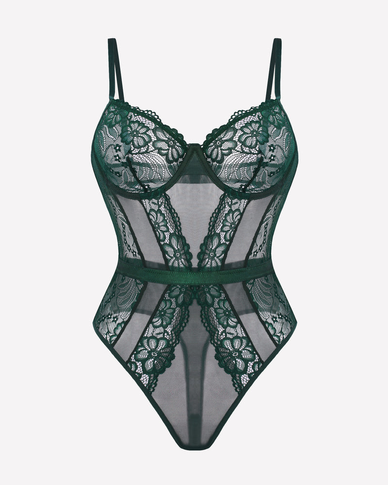 Dark green lace mesh underwire one-piece bodysuit, front view