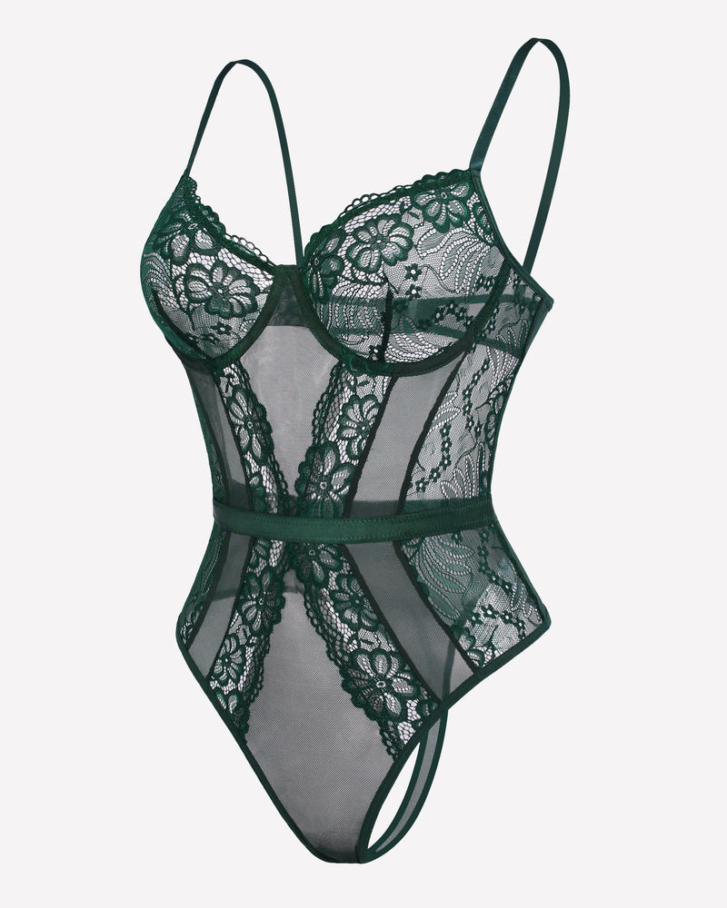 Dark green lace underwire bodysuit with sheer mesh panels and thong cut