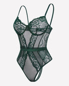 Dark green lace underwire bodysuit with sheer mesh panels and thong cut