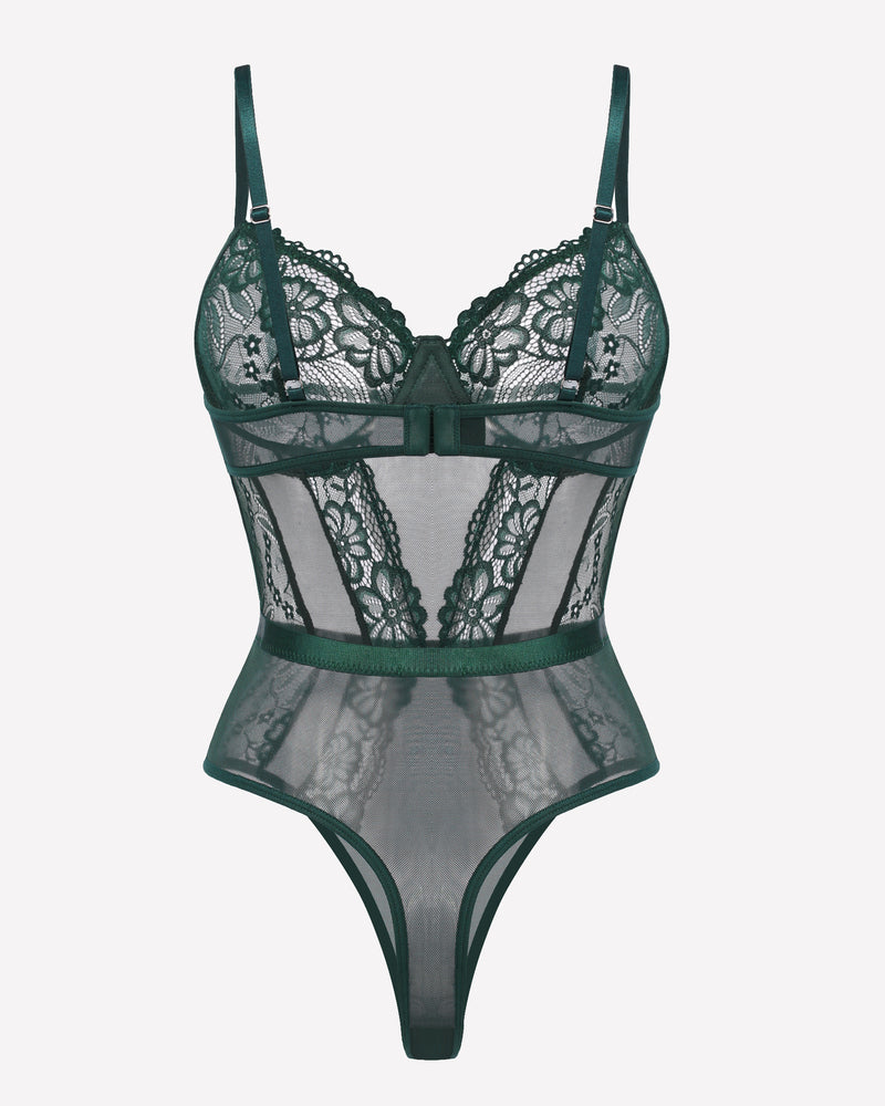 Dark green lace underwire bodysuit with floral cups and sheer mesh waist