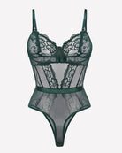 Dark green lace underwire bodysuit with floral cups and sheer mesh waist