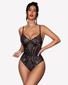 Black lace underwire bodysuit with glittery sheer mesh and thong cut