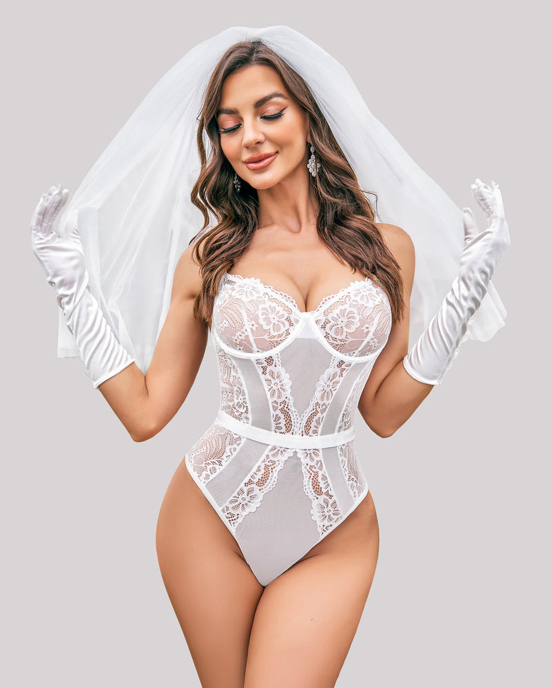 White lace underwire snap-crotch bodysuit with sheer panels and lace straps