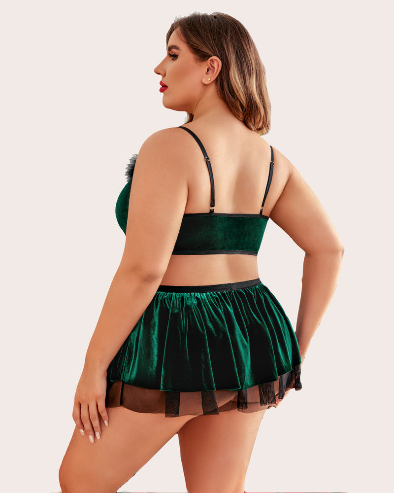 Velvet babydoll back view with bralette and pleated mini skirt, dark green