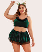Velvet babydoll bralette and tiered mini skirt costume set, dark green with mesh trim