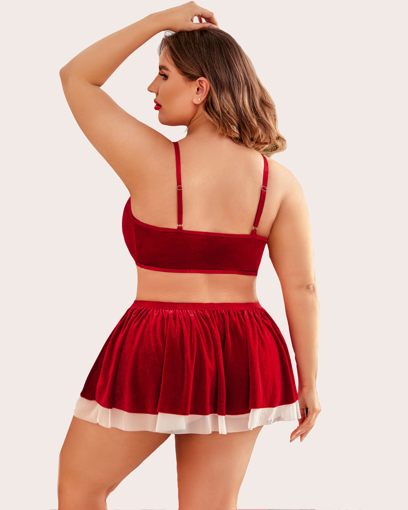 Velvet babydoll back view with bralette and tiered mini skirt, red with white hem