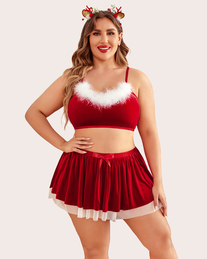 Velvet babydoll bralette and tiered mini skirt costume set, red with white trim