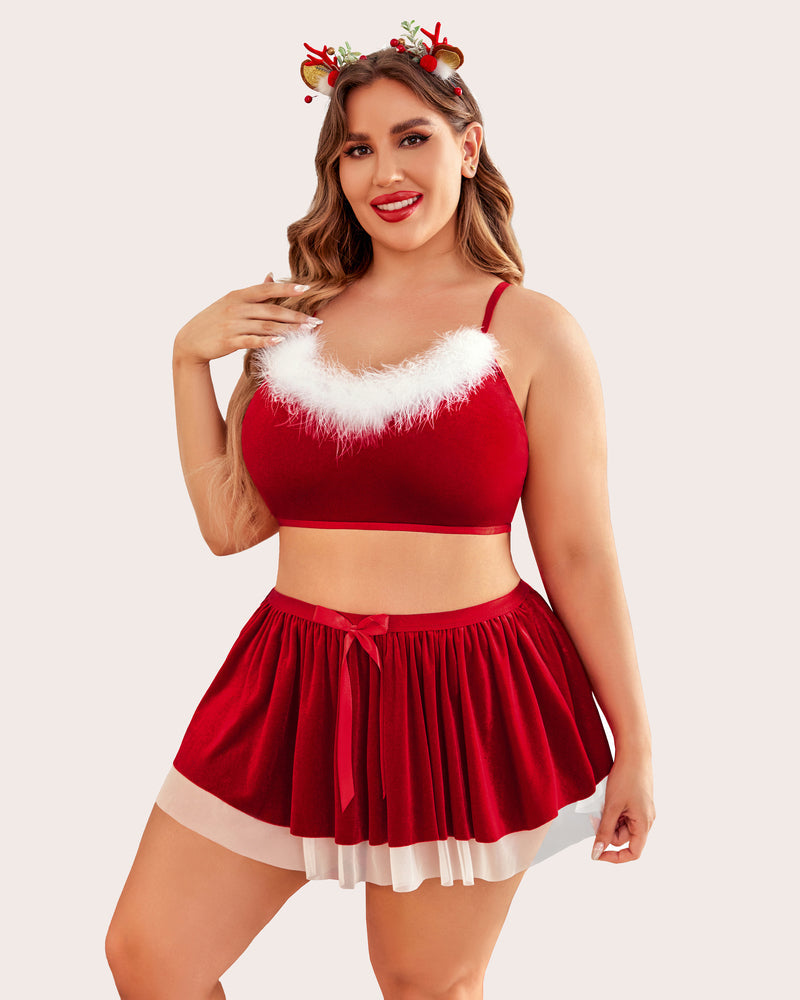 Velvet babydoll bralette and pleated mini skirt costume set, red with white hem