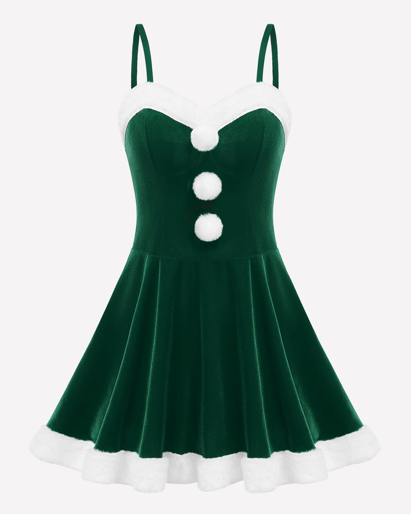 Green Santa-style babydoll dress with white sweetheart trim and pom-pom button detail
