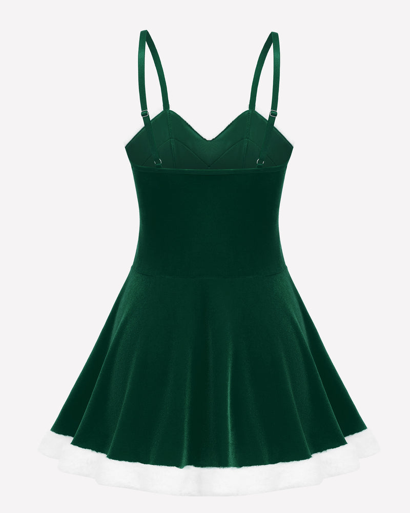 Green camisole Santa dress with thin straps and white-trim flared skirt hem