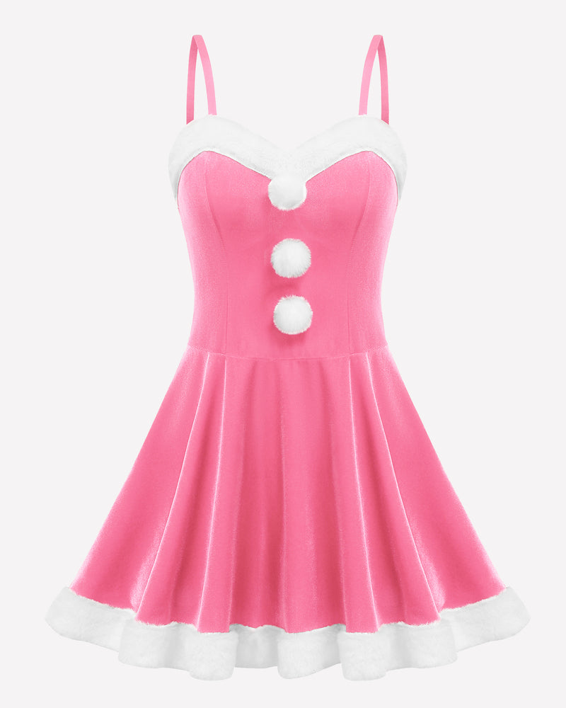 Pink Santa-style babydoll dress with white sweetheart trim and pom-pom button detail