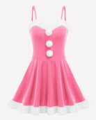 Pink Santa-style babydoll dress with white sweetheart trim and pom-pom button detail