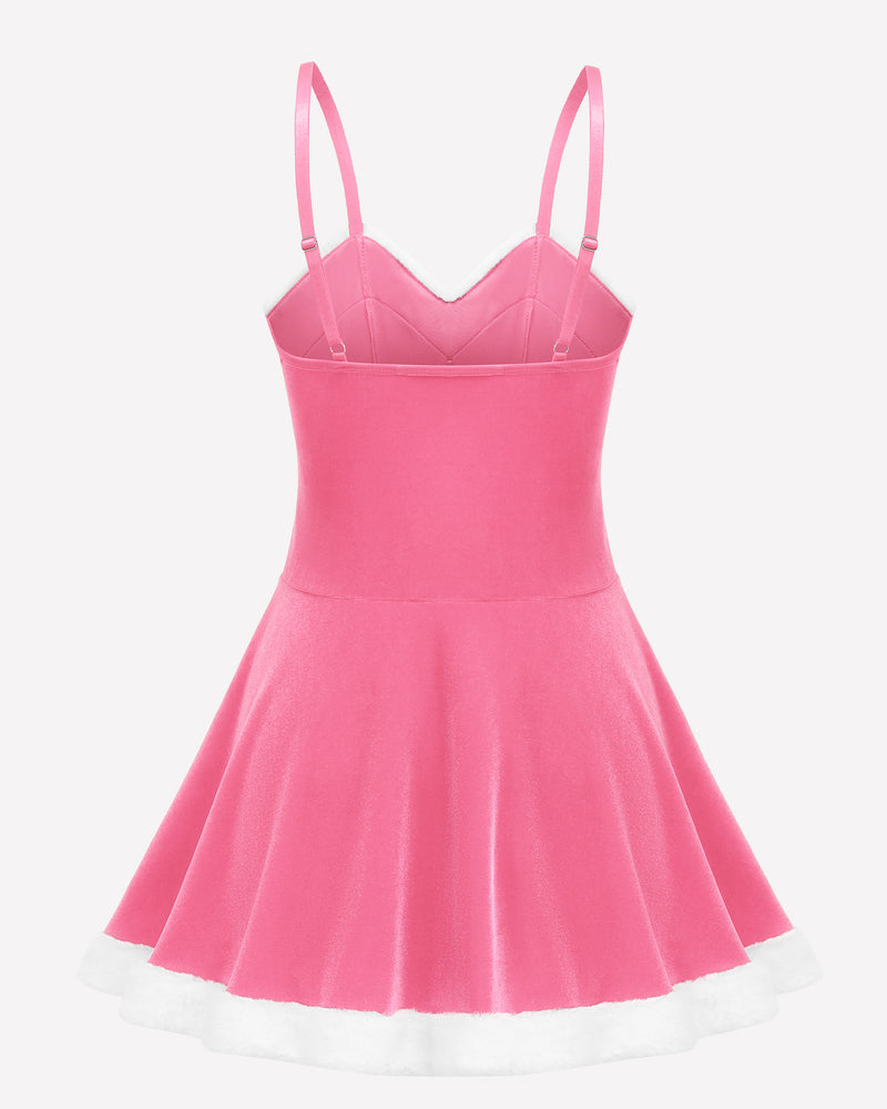 Pink camisole Santa dress with thin straps and white-trim flared hem