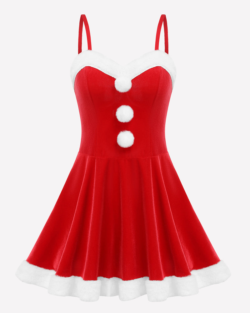 Red Santa sundress with white trim, heart bodice, and three white button details