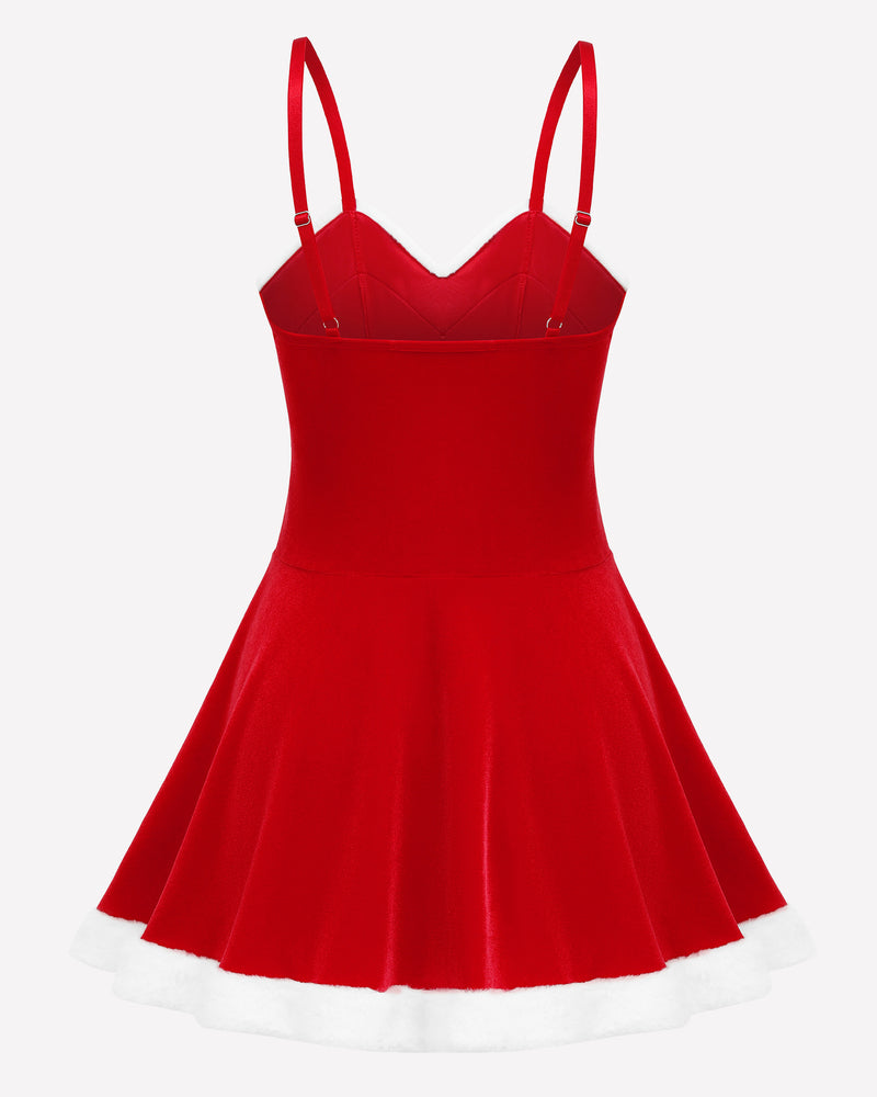 Red Santa camisole dress with thin straps and white hem trim
