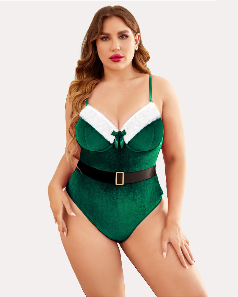 Plus size teddy bodysuit with belt, green plush with white trim and black waist belt
