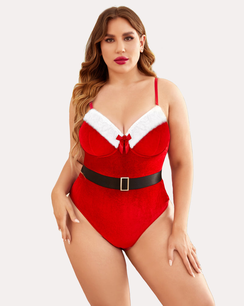 Plus size teddy bodysuit with belt, red plush with white trim and black waist belt
