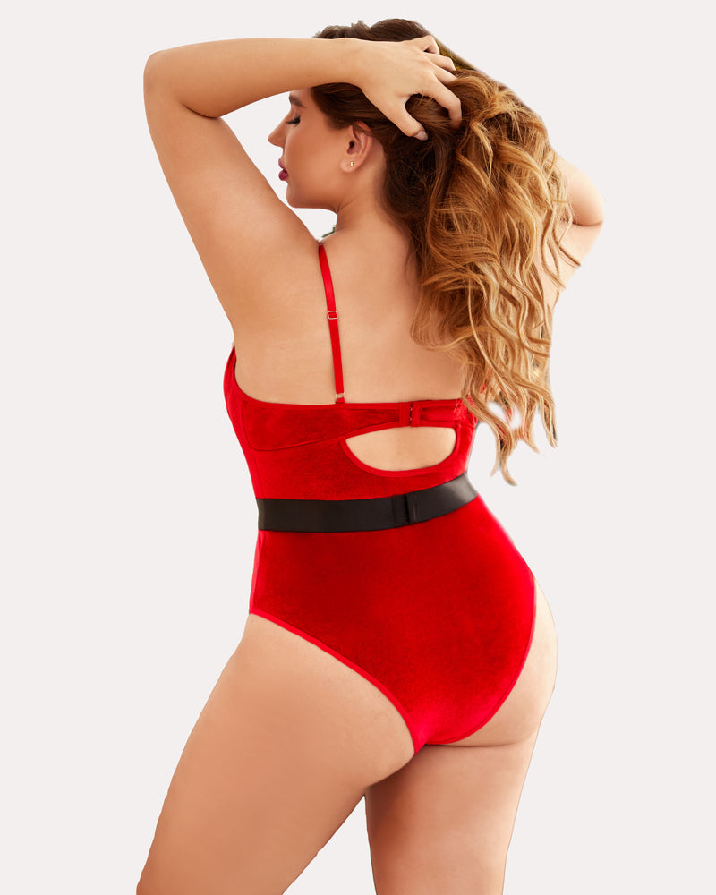 Plus size teddy bodysuit with belt, red plush back view with black waist belt and straps