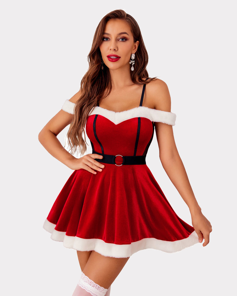 Red velvet A-line strap dress with sweetheart neckline, black detailing, belt, and white fur trim