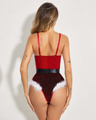 Back view of dark red underwire snap-crotch bodysuit with faux fur trim and belt