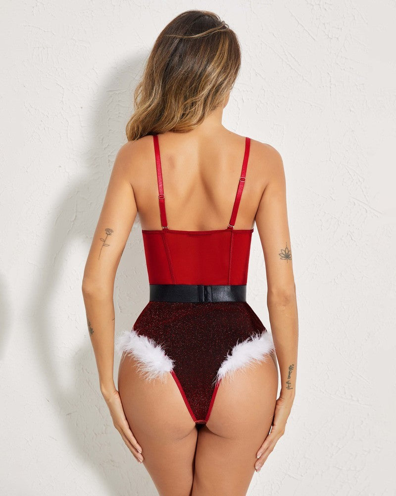 Back view of dark red underwire snap-crotch bodysuit with faux fur trim and belt