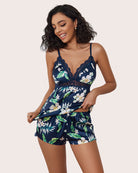 Blue floral satin pajama set with black lace trim, cami and shorts, spaghetti straps
