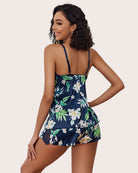 Satin lingerie pajama shorts set with blue floral print, lace-trim camisole and shorts